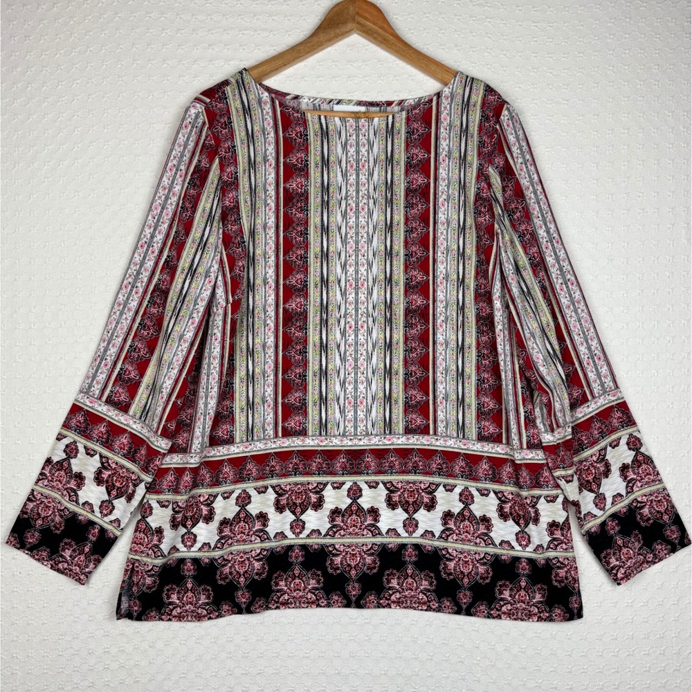 J. Jill Blouse Womens Large Red Cream Boho Medallion Stripes Tribal Transitional